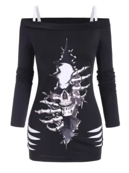 Halloween Skull Cold Shoulder Cutout Combo Top