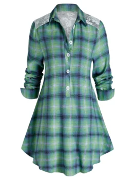 Plus Size Plaid Lace Panel Button Blouse