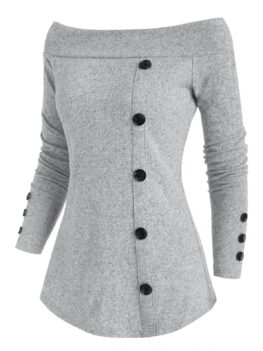Off Shoulder Mock Button Heather Knitwear