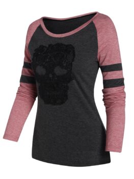 Halloween Skull Lace Panel Contrast Raglan Sleeve T-shirt