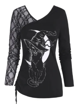Lace Panel Cinched Witch Cat Halloween Top