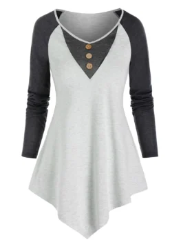 Raglan Sleeve Asymmetric Contrast T-shirt