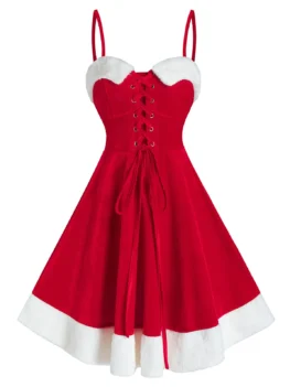 Faux Fur Insert Christmas Lace Up Mini Dress