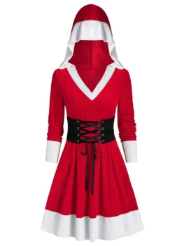 Christmas Hooded Velvet Lace Up Dress