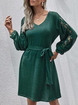 Lace Panel Split Sleeve Belted Knit Dress